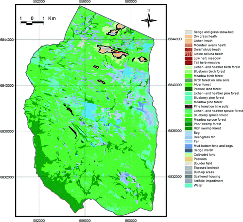 Fig. 9.  Vegetation map and the continuous upper forest limits (black line) of CCS. Map projection WGS84/UTM zone 32.