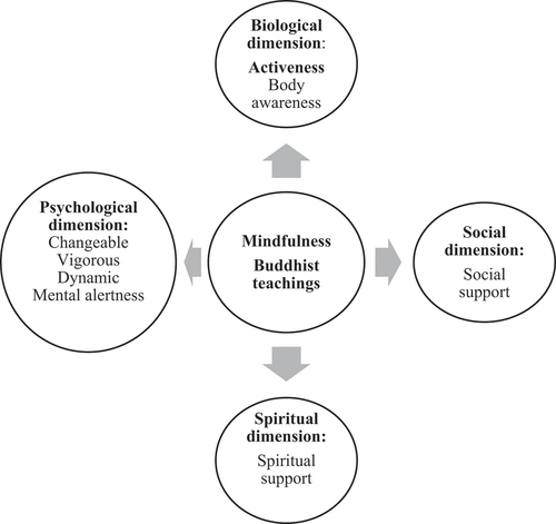 Figure 1. The four-dimensional model of MSA. The MSA model illustrates the interplay of the four dimensions biological, psychological, social and spiritual. These four dimensions consist of eight components: activeness, bodily awareness, changeable, vigorous, dynamic, mental alertness, social support and spiritual support. Each dimension can be affected and strengthened by mindfulness and Buddhist teachings.