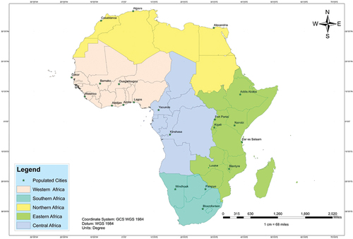 Figure 1. Map showing the populated cities in Africa, where particulate pollution research has been done and published.