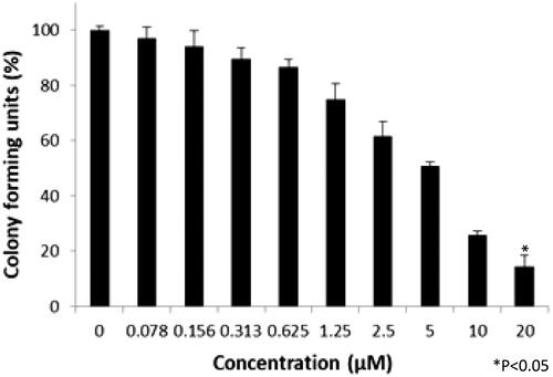 Figure 27. Colon forming efficiency of breast cancer MCF-7 cells in celastrol treatment group at the concentrations from 0 to 20 μM. Data were expressed as mean± SD (n = 3), *P < 0.05 versus control, one-way ANOVA.