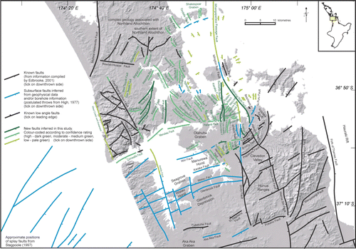 Figure 6  Regional faults, both published and inferred in this study, superimposed on a greyscale map of Auckland. Confidence rating colours have been applied. Fault names have been added. The decrease in fault density in the region south of the Auckland isthmus is probably a function of limited borehole coverage rather than an absence of faults. See Kenny et al. (Citation2011) for data sources.