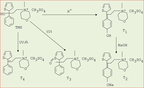 Scheme 1. Degradation products of tiemonium methylsulphate at different condition.