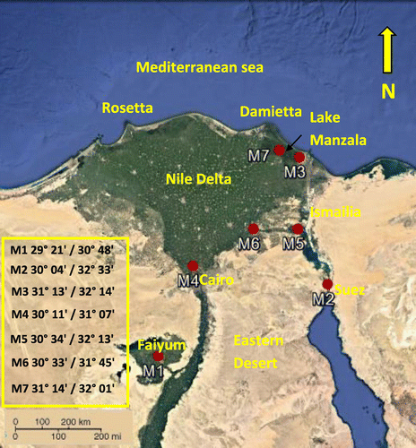 Figure 1. Map of the studied sites showing the distribution of the collected morphotypes.