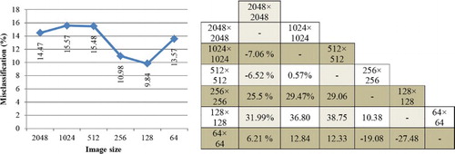 5 Misclassification rate analysis. On left, chart shows misclassification rate changes by changing image resolution. On right, separated improvement of each image resolution is compared to others by percentages. Negative values in table show that instead of reduction increase occurred