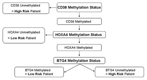 Figure 4 Algorithm used to define high and low risk based on methylation of the three marker genes. Information from the three marker genes was combined using an algorithm as shown. This was designed to give greater weight to CD38 methylation status as this correlated most strongly with outcome when used in isolation. Patients were defined as methylation low risk if their samples exhibited methylation at CD38 and the low risk variant at least one of the other two genes (i.e., either HOXA4 unmethylated and/or BTG4 methylated). Patients lacking CD38 methylation or with CD38 methylated but high risk variants at both of the other two genes (i.e., HOXA4 methylated and BTG4 unmethylated) were defined as methylation high risk.