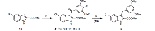Scheme 2. Synthesis of the final compounds 4 and 5. (a) 4-OH-3,5-OMe2- or 3,5-OMe2-C6H4COCl, AlCl3, closed vessel, 110 °C, 70 W, 2 min. (b) TES, TFA, 48 h, rt.