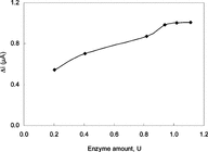 Figure 6 The effect of enzyme concentration upon the sensitivity of biosensor against xanthine (0.025 M phosphate buffer, 25°C).