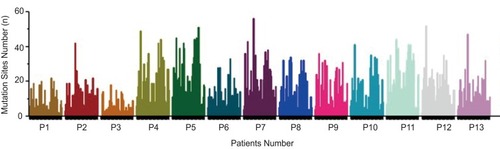 Figure 5 CTC genomic mutation analysis of 13 patients for 50 genes’ panel. The mutation sites number for each gene identified by second-generation sequencing in 13 patients (each bar represented one gene for an individual patient).