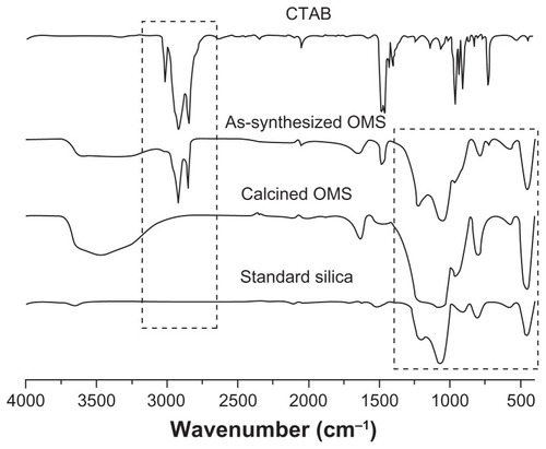 Figure 5 Fourier transform infrared spectra of cetyltrimethyl ammonium bromide (CTAB), as-synthesized ordered mesoporous silica (OMS), calcined ordered mesoporous silica, and standard silica.