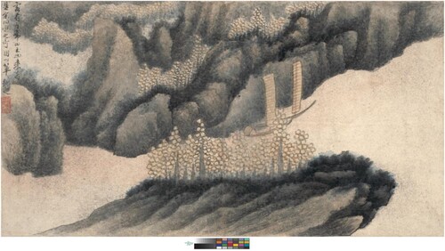Fig. 3. Gong Xian (1619–89), River Scene with Boats, 1671 album leaf, ink and watercolor on paper; silk mount, 9 5/8 × 17 3/4 in. (24.4 × 45.1 cm). The Nelson-Atkins Museum of Art, Kansas City, Missouri. Purchase: William Rockhill Nelson Trust, 60-36/2. Image courtesy Nelson-Atkins Media Services. The artist’s inscription reads: “Some guests who came here from Changshan and Yushan tell me of the strange marvels of the landscape there. Taking up my brush, I record them here.”