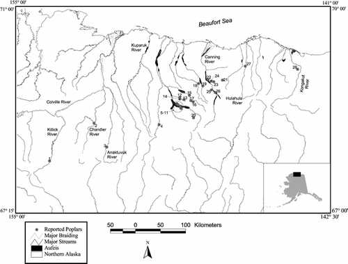 FIGURE 1. A map showing the location of balsam poplar groves in relation to braiding and aufeis development on major rivers on the North Slope of Alaska (numbered sites are described in Table 5)