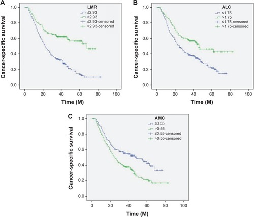 Figure 4 Kaplan–Meier CSS curves stratified by LMR (A), ALC (B), and AMC (C).