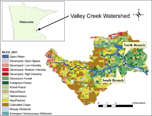 Figure 1. Map of Valley Creek, MN, USA showing study locations. This map was created using ArcGIS software by Esri. ArcGIS and ArcMap™ are the intellectual property of Esri and are used herein under license. Copyright © Esri. All rights reserved. For more information about Esri software, please visit www.esri.com.
