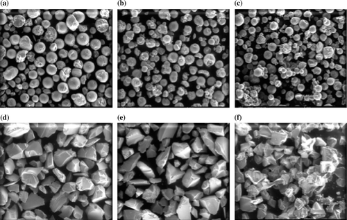 Figure 1.  SEM micrographs of catalysts (a) SiO2-1; (b) SiO2-1-SO4; (c) SiO2-1-SO4-400; (d) SiO2-2, (e) SiO2-2-SO4; and (f) SiO2-2-SO4-400.