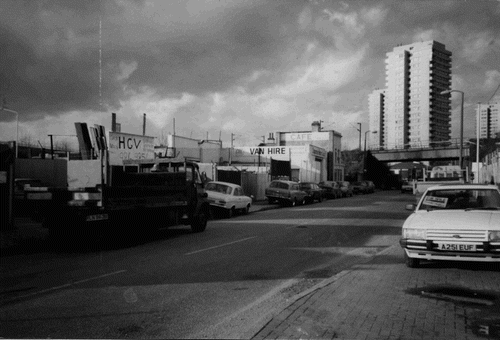 Figure 11. Makeshift industrial development and the Trowbridge Estate, 1970s © [Hackney Archives].