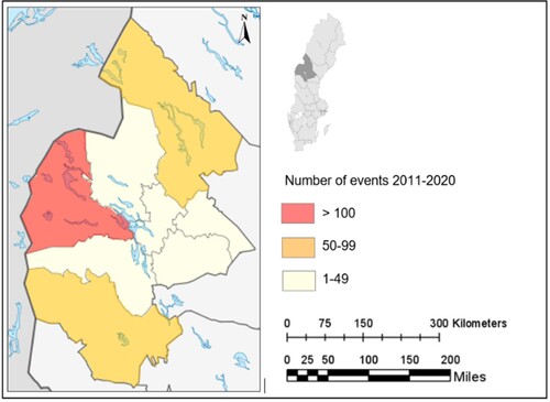 Figure 1. Geographic distribution of events in Jämtland County, Sweden.