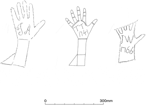 Figure 3. Examples of hands from nave and south aisle roofs, scale as shown.