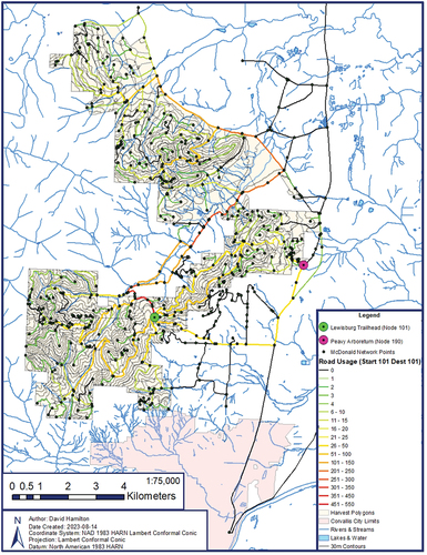 Figure 10. Forest roads colored based on the number of trucks that cross each road edge for every harvest landing on the trips from node 101 to node 101.