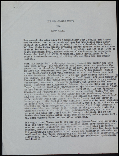 Figure 3. “Die Synagogale Musik,” Arno Nadel Archive, The National Library of Israel, ARC. Ms. Var. 469 01 2, Series 01: Manuscripts, 1936.
