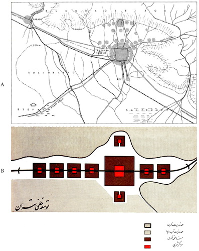 Figure 5. Diagram (A) shows the existing pattern of growth in Tehran in 1960, and Diagram (B) shows the proposed strategy of Tehran masterplan in 1966. Source (A): ‘Die Entwicklung der Stadt Tehran’ (Tehran Urban Development), Peter George Ahrens: 82. Source (B): Art and Architecture Magazine, No. 5. special issue of Tehran Comprehensive Plan, 1970.