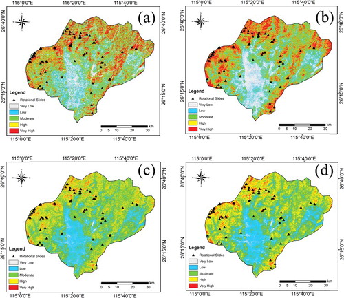 Figure 9. Landslide susceptibility maps: (a) GWR, (b) SGD-LR, (c) SGD-SVM, and (d) SVM.