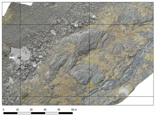 Figure 6. Orthomosaic of the feature in Coire Na Ciste, Ben Nevis. B1-B4 are the boulders sampled for lichen measurements on the ridge.