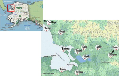 Fig. 1.  Maniilaq Service Area. Source: Alaska Map: www.loneyplanet.com; Maniilaq Service Area Map: www.maniilaq.org/aboutNWAlaska.html.