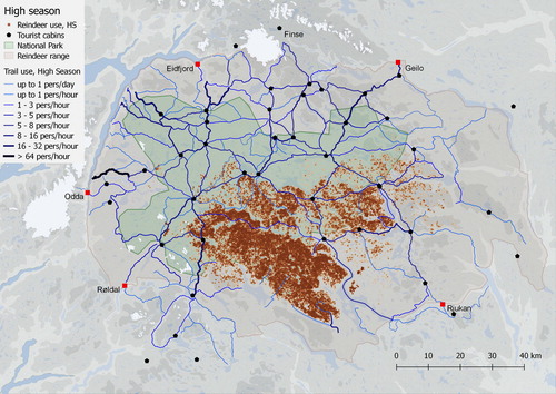 Figure 5. Trail Use Index (mean values for 2017 and 2018) and location of 98 GPS monitored reindeer in Hardangervidda NP area during high summer season (Jul 15–Aug 19) in the period of 2001–2018.