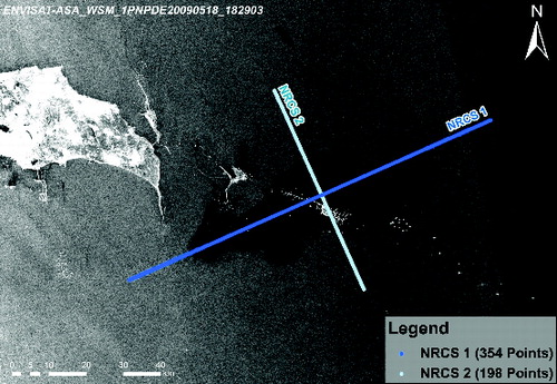 Figure 17. Map of normalized radar cross sections based on the ENVISAT radar images acquired on 18 May 2009 at 18:29.