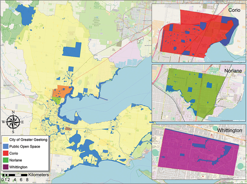 Figure 1. Public Open Space (map): Focal suburbs and City of Greater Geelong.
