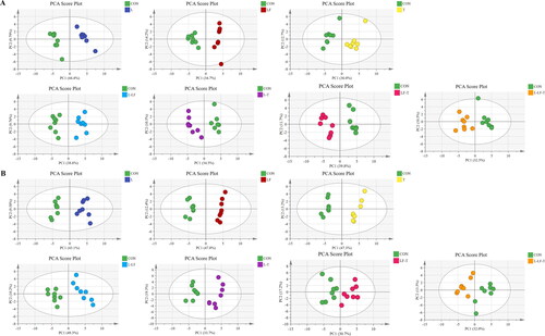 Figure 1. Principal component analysis (PCA) scores plots. Fatty acid targeted metabolomics of the egg yolk on days 60 (A) and 120 (B) of the trial.Control group (CON), fed a basal diet; L group, basal diet supplemented with 0.50% Leonuri herba; LF group, basal diet supplemented with 0.25% Ligustri lucidi fructus; T group, basal diet supplemented with 0.25% Taraxaci herba; L-LF group, basal diet supplemented with 0.50% L + 0.25% LF; L-T group, basal diet supplemented with 0.50% L + 0.25% T; LF-T group, basal diet supplemented with 0.25% LF + 0.25% T; L-LF-T group, basal diet supplemented with 0.50% L + 0.25% LF + 0.25% T.