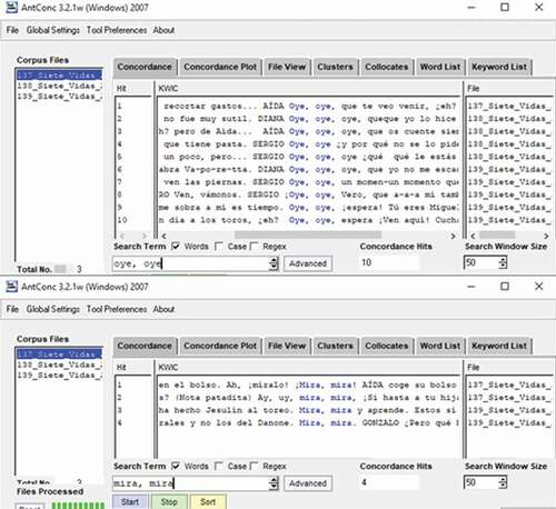 Figure 3. Concordance results of oye, oye and mira, mira in a corpus of the Spanish TV series Siete Vidas