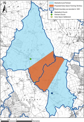 Figure 2. A case study of Marlesford and Parham in East Suffolk. An abandoned Early Saxon settlement lies near the boundary between the two parishes, approximately equidistant between the later occupation sites surrounding the parish churches. It is suggested that the Early Saxon settlement once had its own territory. When the settlement was abandoned, the territory of the failed site was equitably redistributed between nearby successful settlement sites to evenly share the burden of taxation with which it was associated (after Cox Citation2023). © Crown copyright and database rights 2023 Ordnance Survey (100025252). Drawn by author.