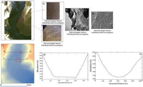 Figure 4. Demonstration of the buried-ice and ice free area detection in the Ong Valley: a) high-resolution satellite imagery of the Ong Valley (false color RGB composite of band 4 (NIR), band 3 (R) and band 1 (B), b) a subset of Fig. 4a showing salt and pepper texture (upper box in Fig. 4a), c) a subset of Fig. 4a showing salt and pepper (lower box in Fig. 4a.), d) a high resolution digital areal photo by USGS, e) a subset of Fig. 4d showing salt and pepper texture, f) DEM (1 m resolution) of the Ong valley, g) an elevation profile along AA’ line shown in Fig. 4f, and h) an elevation profile along BB’ line shown in Fig. 4f.