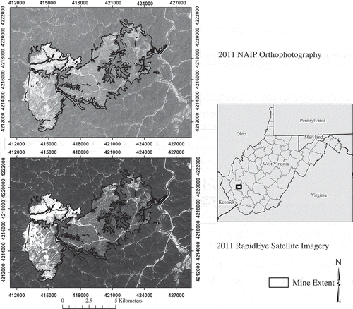 Figure 1. Hobet-21 surface mine complex. Base image for the top image is the NAIP orthophotography acquired on 14 July 2011. Base image for the bottom image is the RapidEye satellite imagery (© (2013) BlackBridge S.àr.l. All rights reserved) acquired on 1 August 2011. The depicted mine extent is based on the surface mining permit obtained from WVDEP. The map is projected in NAD83 UTM Zone 17 N.