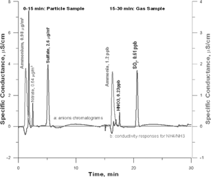 FIG. 4 Typical instrument output for 30 min cycle including both anion chromatogram conductivity response traces for ammonium/ammonia.