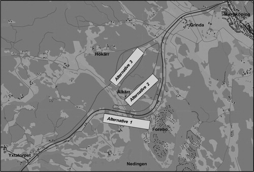 Figure 2. The map shows the location of the three road corridors (Alternative 1, Alternative 2, and Alternative 3) compared in the case study (Englund & Dahlin, 2006). ©Lantmäteriet.