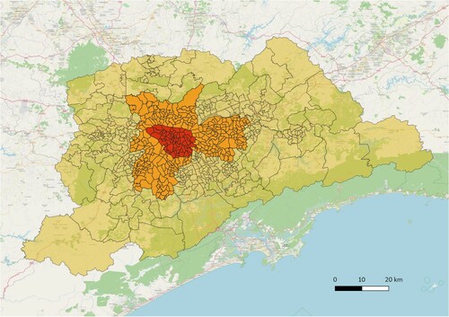 Figure 1. Three residential areas defined in the Greater São Paulo Metropolitan Region of Brazil.Note: The red, inner zone corresponds to the city centre of São Paulo; the orange zone to the administrative borders of the City of São Paulo; and the yellow zone to the rest of the region.Source: Background map from OpenStreetMap.