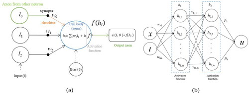 Figure 1. ANN Perceptron 1 (a) and multi-layered perceptron (MLP) 1 (b) architectures.