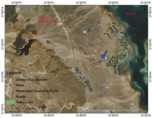 Figure 4. Satellite image of El-Gouna coastal plain showing the water infrastructure.