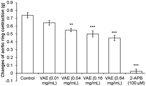 Figure 7. Vasorelaxant effect of VAE on PE pre-contracted endothelium-denuded aortic rings in Ca2+-free Krebs solution (n = 8). *, **, and *** indicate significance at p < 0.05, p < 0.01, and p < 0.001, respectively, compared to the control group.