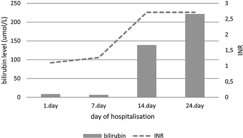 Figure 2 Dynamic of INR and serum bilirubin values in a patient with secondary HLH during hospitalisation.