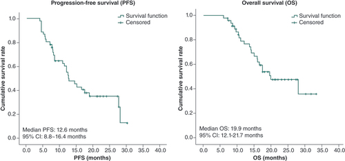 Figure 1. Survival of participants with advanced esophageal squamous cell carcinoma treated by pembrolizumab + albumin-bound paclitaxel and nedaplatin.ab-Pac: Albumin-bound paclitaxel; ESCC: Esophageal squamous cell carcinoma; NDP: Nedaplatin; OS: Overall survival; PBL: Pembrolizumab; PFS: Progression-free survival.
