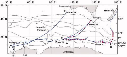 Fig. 1. Dash-dotted blue line shows the cruise track of R/V Mirai where underway measurements of oceanic CO2 and CH4 were made simultaneously. Red circles show hydrographic stations for measurements of CH4 in discrete water samples (measurement system is described in Supplemental data). Black solid line shows the oceanic fronts from Orsi et al. (Citation1995), and TS1 and TS2 coastal transects at 38oE and 53.5oE, respectively.