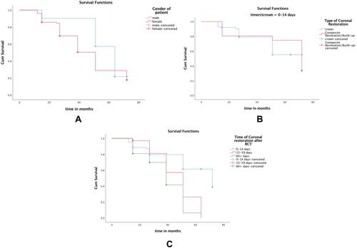 Figure 1 (A) Estimated survival function of ETT as a function of individuals’ gender (males n = 1305: females n = 2702). (B) Estimated survival function of ETT as a function of type of restoration (composite buildup n = 650; Crown n = 3362). (C) Kaplan-Meier survival curve as a function of time of placement of the final coronal restoration. The 8-year survival of ETT which received final coronal restoration from 0 to 14 days was 72%, from 15 to 59 days was 51% and after 60+ days was 39%.