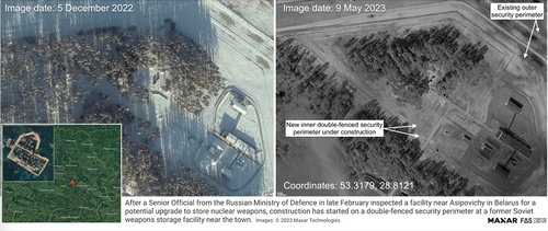 Figure 4. Satellite imagery showing construction of a new security perimeter at a former 12th GUMO unit depot east of Asipovichy, Belarus. (Credit: Maxar Technologies/Federation of American Scientists).