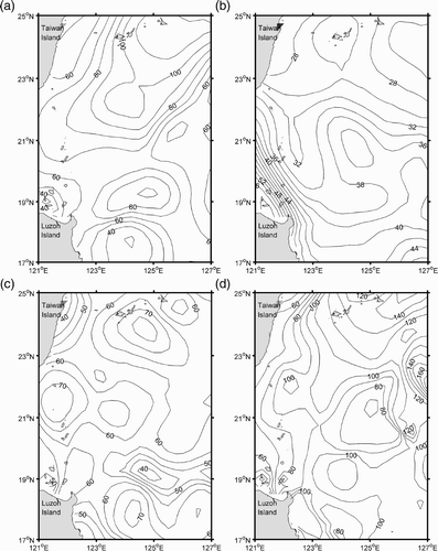 Fig. 4 Distribution of the multi-year seasonal mean MLD (units are metres) in (a) spring, (b) summer, (c) fall and (d) winter.