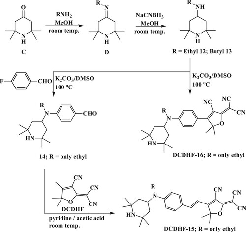 Scheme 4. Synthesis of phenyl and phenylvinyl-bearing DCDHF dyes with a LSHA group.