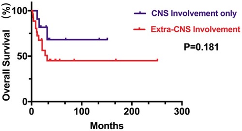 Figure 4 Kaplan–Meier curve of OS time between 11 DLBCL patients with CNS involvement only and 27 DLBCL patients with extra-CNS involvement.