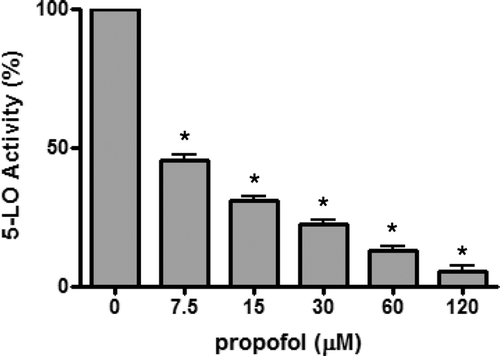 Figure 5.  5-LO activity of purified human recombinant 5-LO enzyme. The activity of 5-LO was assessed using the ferrous oxidation-xylenol orange (FOX) assay (n = 6). The 5-LO activity (%) was expressed as the ratio of absorbance in the presence of propofol to absorbance in the absence of propofol (n = 8). *p < 0.001 vs without propofol (i.e. with DMSO).